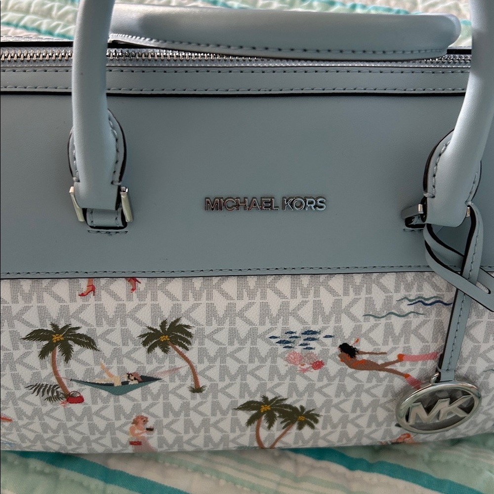 Michael Kors Light Blue MK Signature Beach Print Satchel EUC - Picture 2 of 5